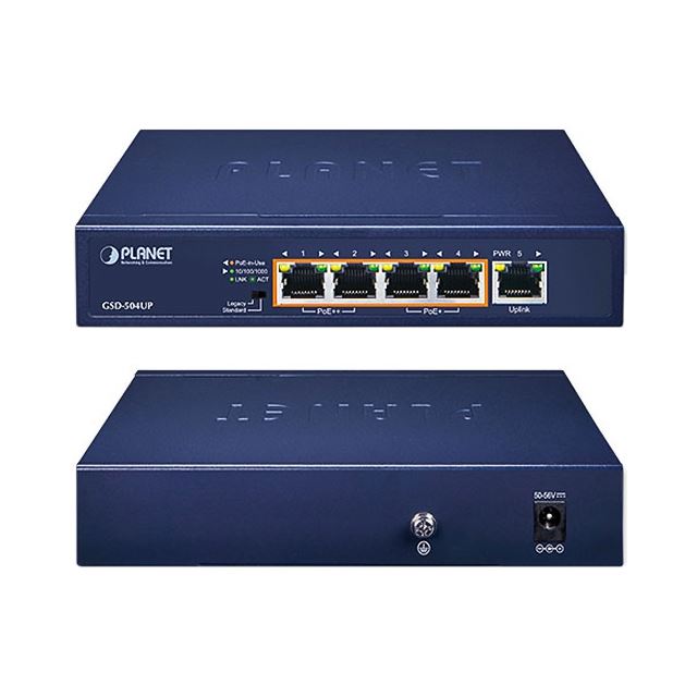 2 ports 90W 802.3bt PoE++ & 2 ports 30W 802.3at PoE+ with 1 uplink port switch 5 x RJ45 55VDC 2.8A